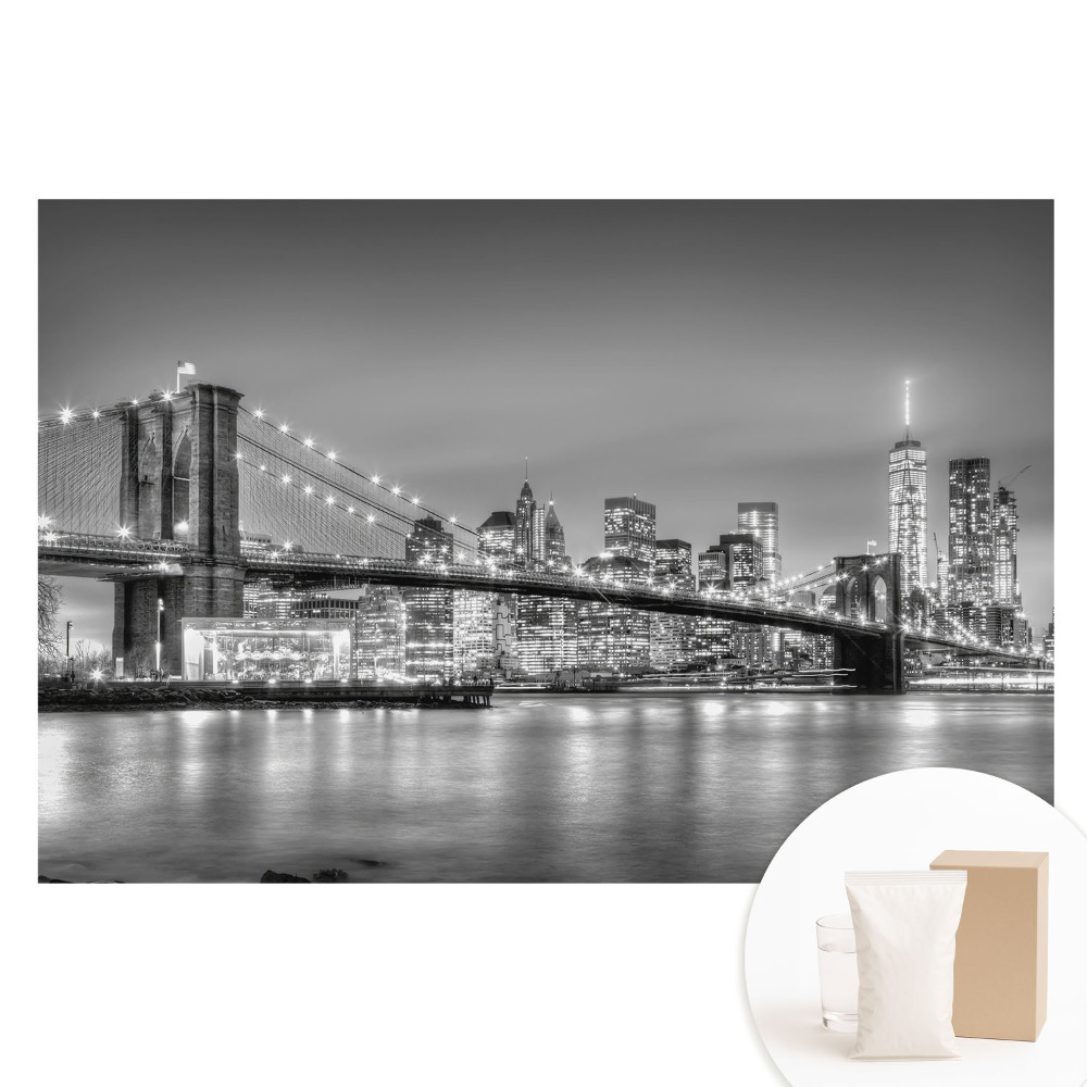 Nem szőtt anyagra nyomtatott fotótapéta Éjszakai panoráma a metropoliszról, a hídról és a felhőkarcolókról