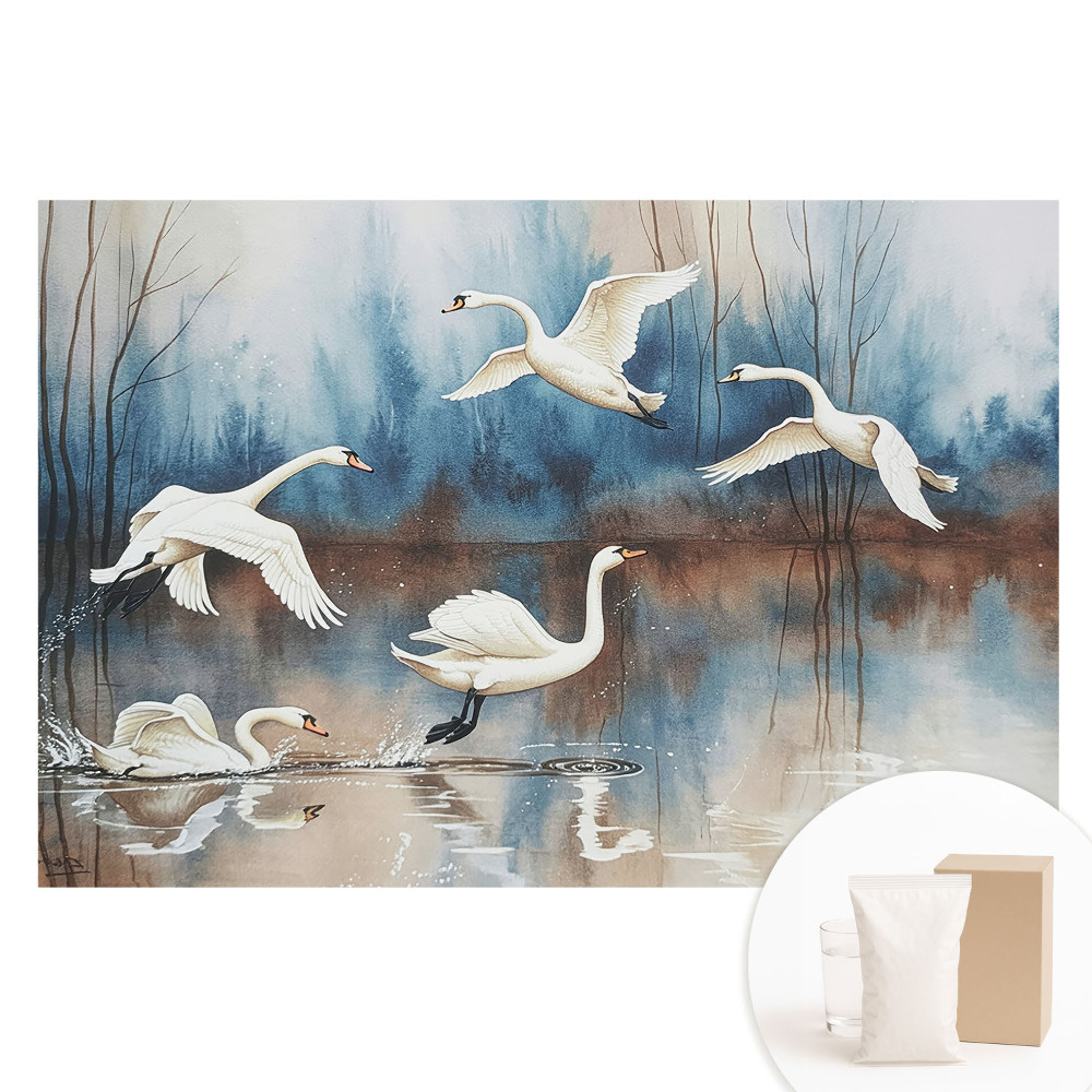 Fotótapéta nem szőtt anyagon Hattyúk egy tavon egy ködös erdőben