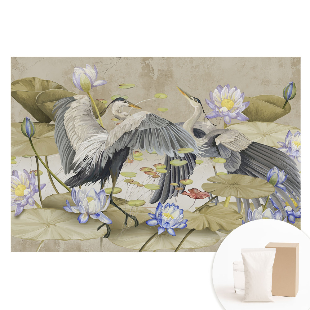 Nem szőtt tapéta nyomtatással Daruk a tavirózsák körül klasszikus stílusban