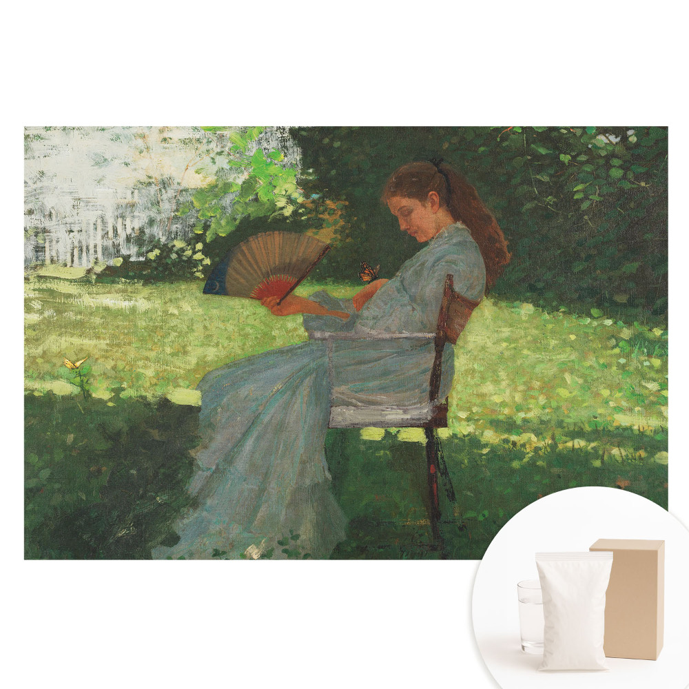 Nem szőtt tapéta nyomtatással Egy kerti ventilátoros nő harmóniát érez