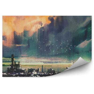 Öntapadós fotótapéta falra Sci-fi városi tó színes égbolt madarak