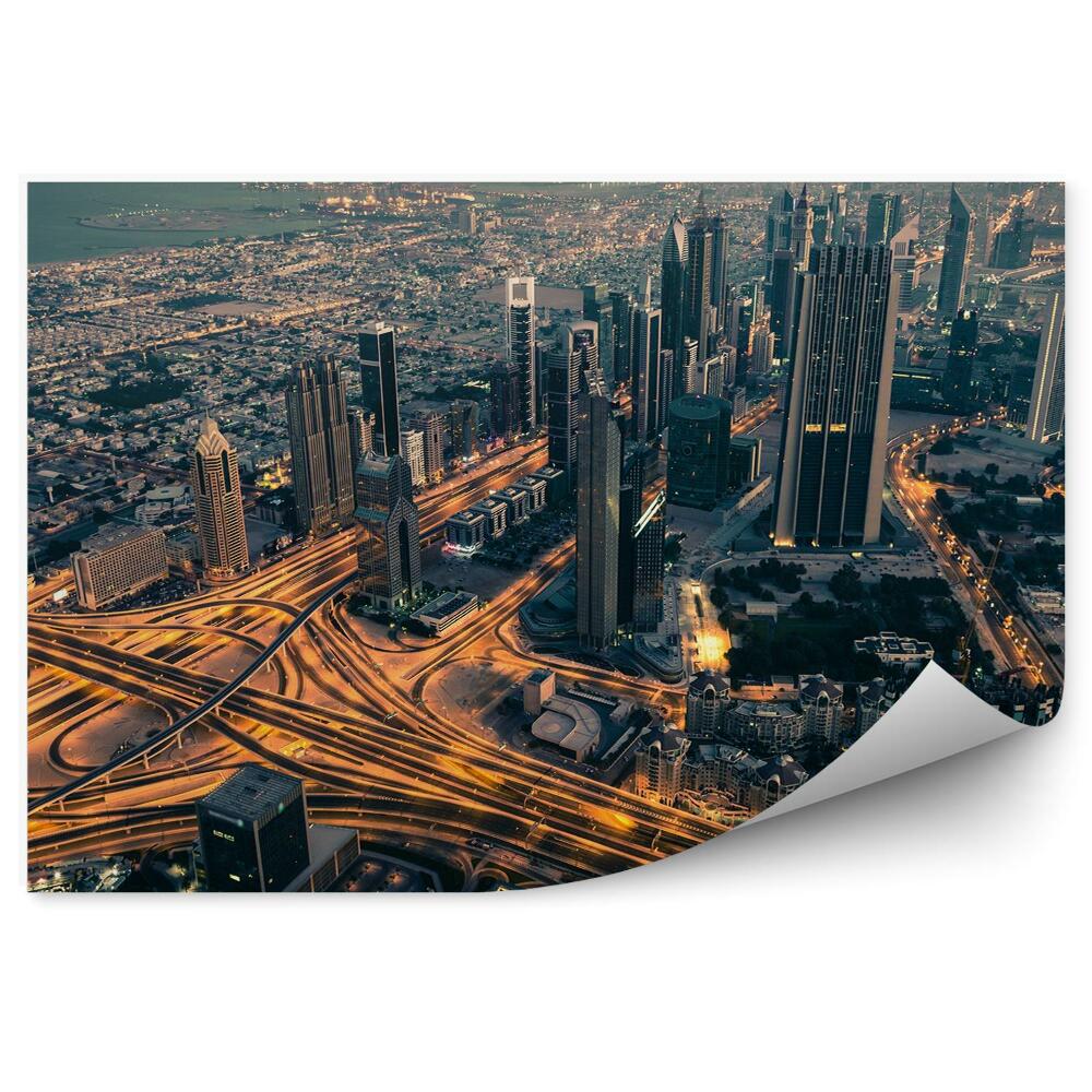 Poszter tapéta légi felvétel a Dubai felhőkarcolók közúti fények