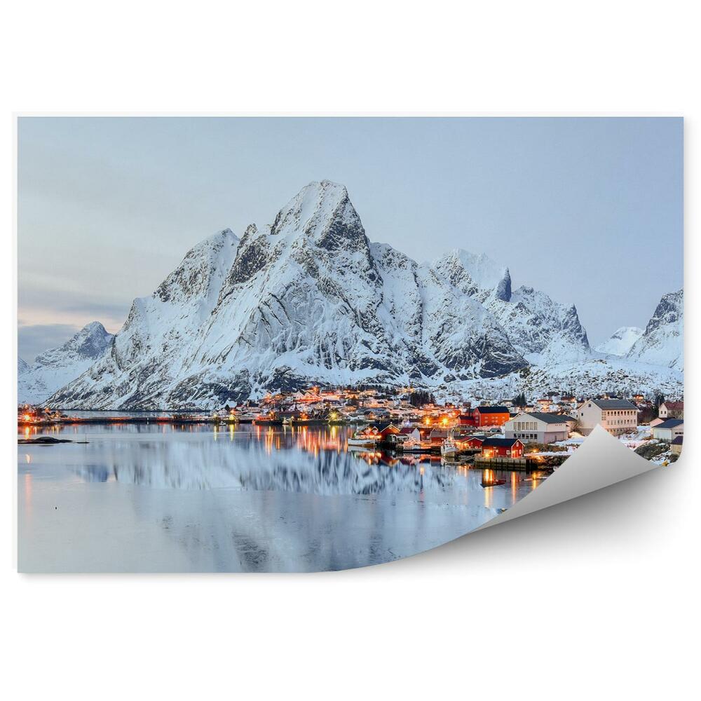 Modern fotótapéta Lofoten szigetek, hó, hegyek, város