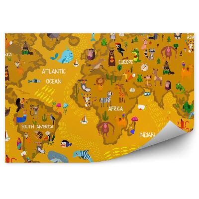 Fotótapéta Barna világtérkép gyerekeknek állatok neveivel
