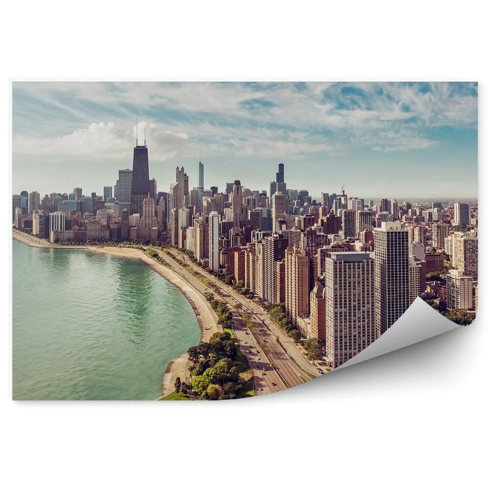 Poszter tapéta felhőkarcolók óceán ég felhők fák közúti autók Chicago