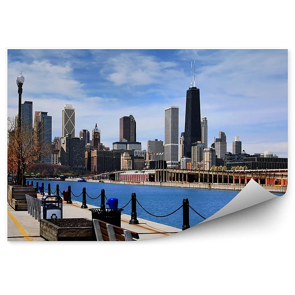 Poszter tapéta Chicago felhőkarcolók padok kikötő fák felhők folyó