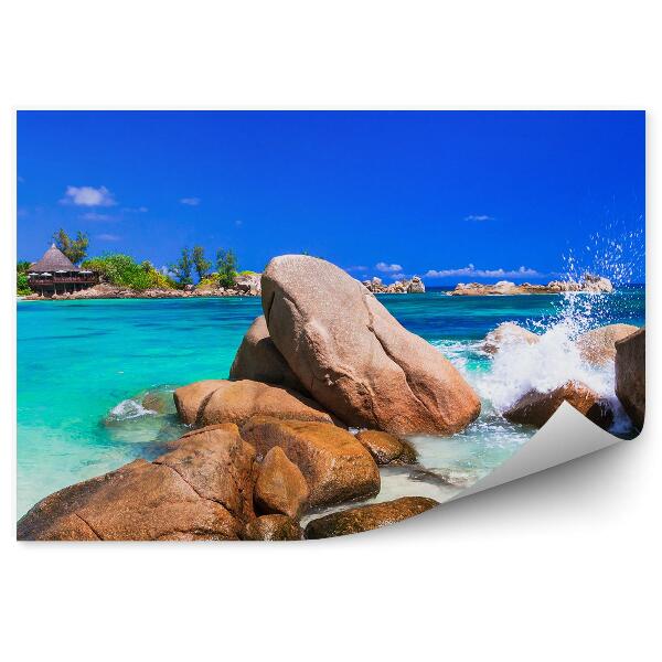 Poszter tapéta kövek óceán növények házikó ég felhők Seychelles