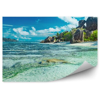 Fotótapéta sziklák növények óceán ég felhők pálmafák Seychelle-szigetek