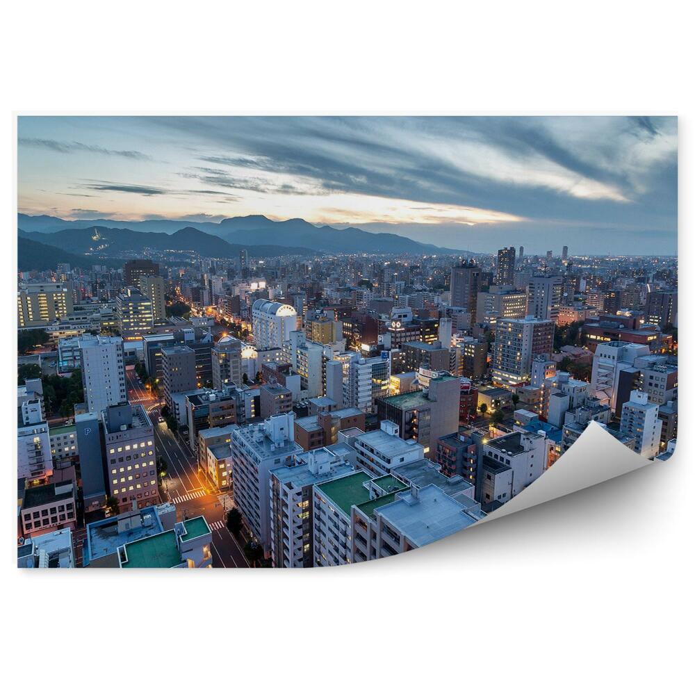 Fali poszter tapéta Sapporo város panorámája madártávlatból a hegyekre