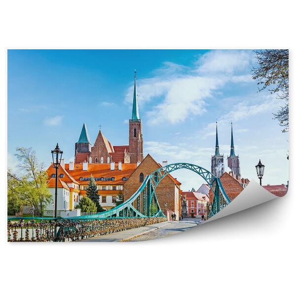 Fotótapéta Tumski híd, katedrális, Wrocław, szobrok, épületek, égbolt, felhők, fa, lakatok