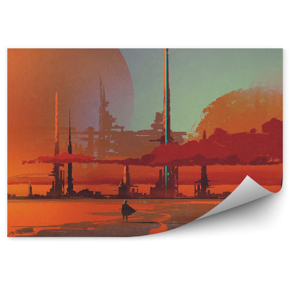 Öntapadós fotótapéta falra Férfi építkezés sivatagi hold sci-fi