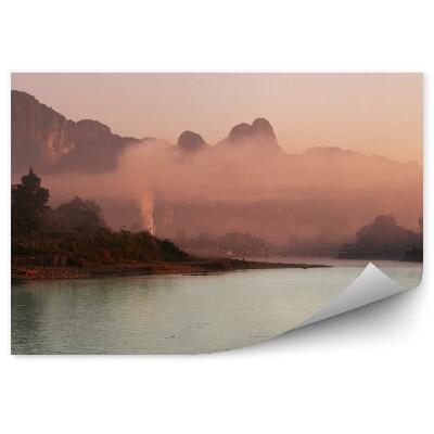 Modern fotótapéta Hegyek épület óceán fák köd