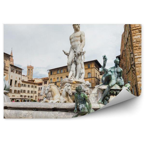 Poszter tapéta Neptun szökőkút épületei égbolt felhői Firenze Olaszországban