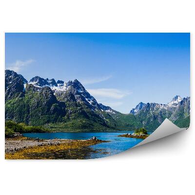 Modern fotótapéta Panoráma hegyek téli hó zöld kutya épület tó