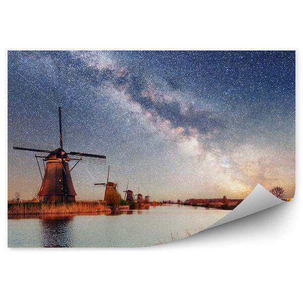 Öntapadó fotótapéta Holland malmok égbolt tó fű csillagos ég galaxis Tejút hullócsillagok
