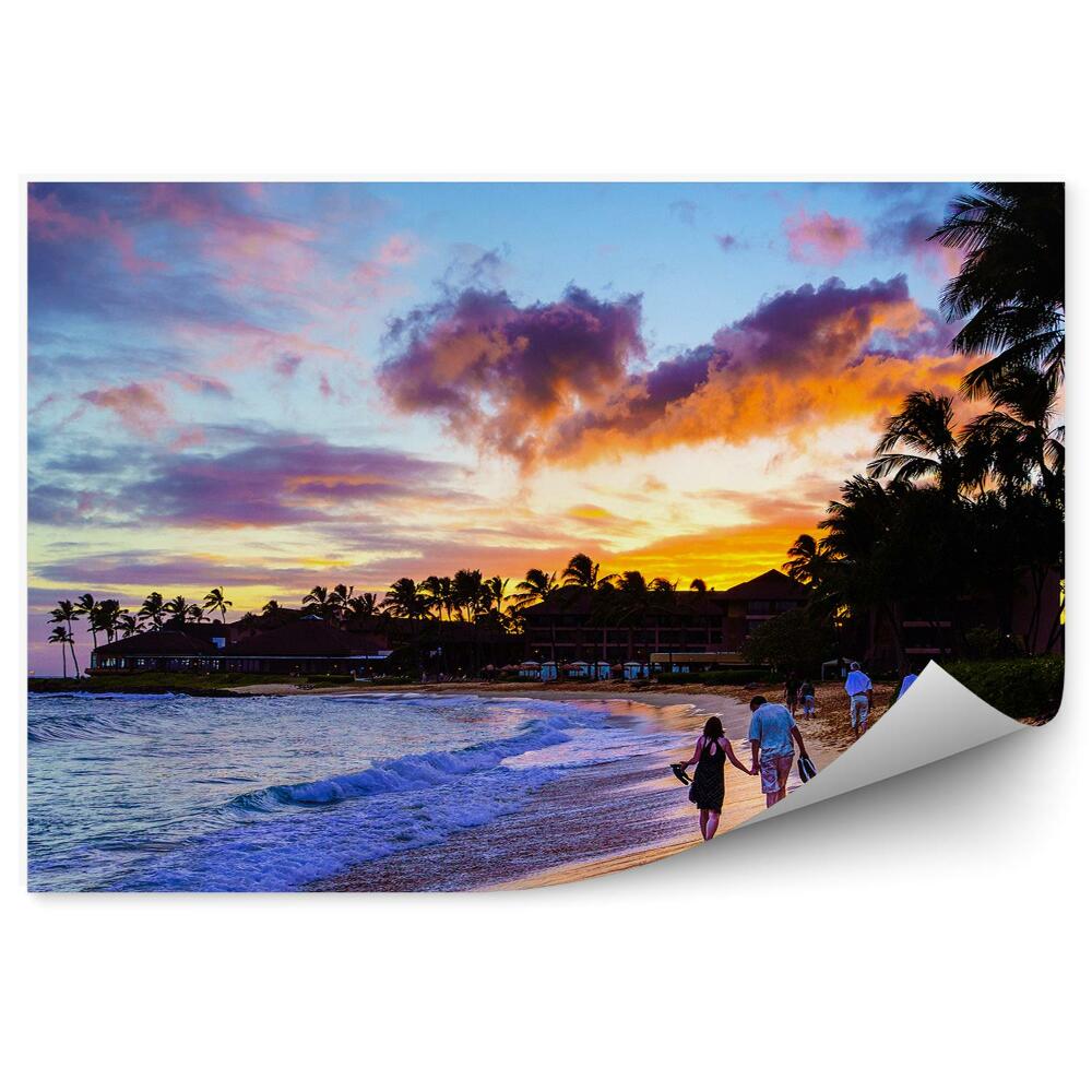Fotótapéta naplemente pár óceán tengerpart pálmafák ég felhők Hawaii
