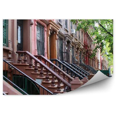 Poszter tapéta felhőkarcolók cseresznyevirágok fák utcatáblák New York