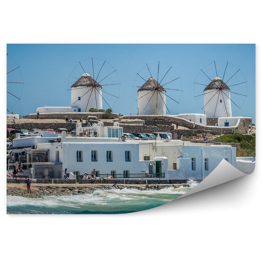 Poszter tapéta Mykonos szigetek szélmalmok turisták hullámok