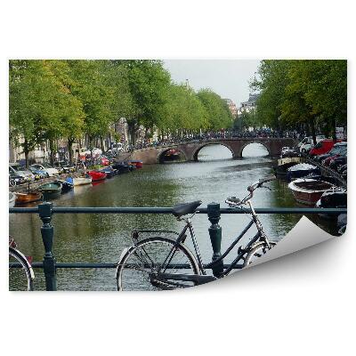 Poszter tapéta Csatorna, kerékpárok, híd, csónakok, város