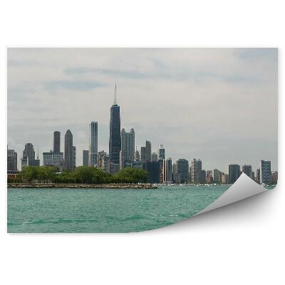 Poszter tapéta felhőkarcolók óceán fák ég felhők motorcsónak