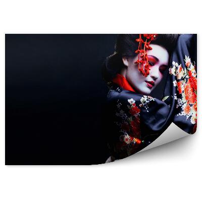 Öntapadó fotótapéta Kimonó gésa virágok fiatal nő sötét háttér előtt