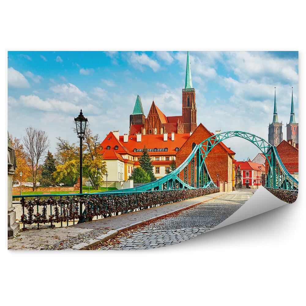 Poszter tapéta Ostrów Tumski Wrocław híd lakatok katedrális szobrok járda éjszaka