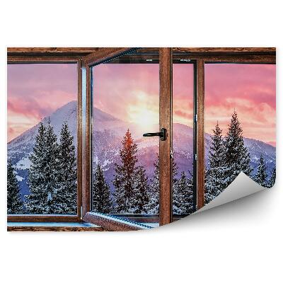 Öntapadós fotótapéta falra Téli hó faablak a nyaralóban