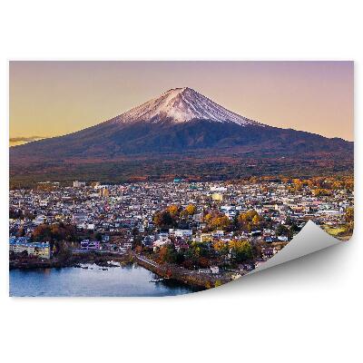 Öntapadó fotótapéta Mount Fuji Yokohama város látképe épületek óceán naplemente