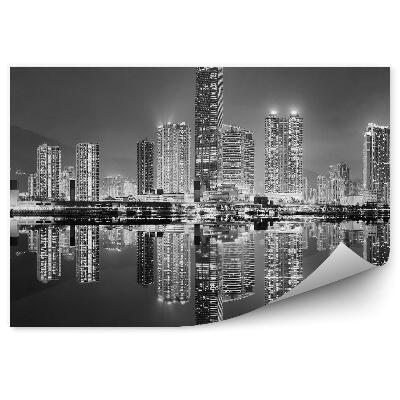 Fotótapéta Fekete-fehér Hong Kong felhőkarcolók árnyékok fények