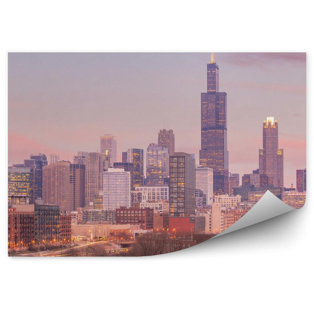 Poszter tapéta felhőkarcolók fények fák épületek híd Chicago