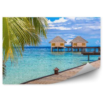 Fotótapéta Pálmafák, házak, híd, kék víz, Maldív-szigetek