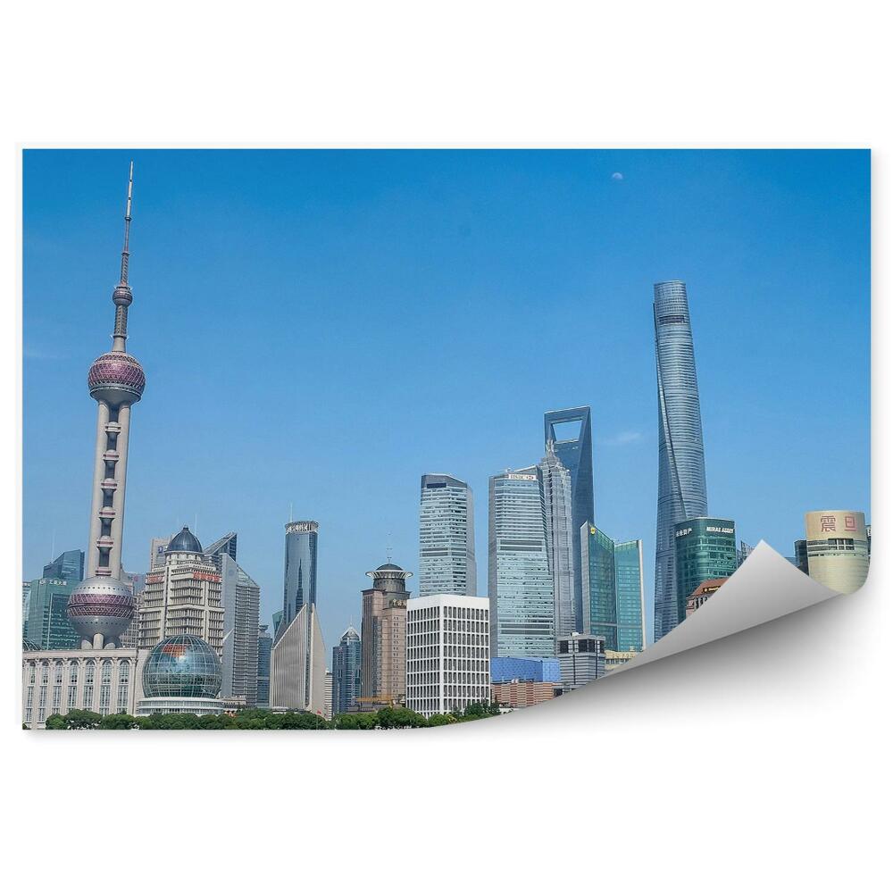 Öntapadó fotótapéta Shanghai felhőkarcolók fák óceán ég felhők