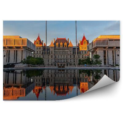 Poszter tapéta Brooklyn Bridge felhőkarcolók folyó naplemente New York fák felhők