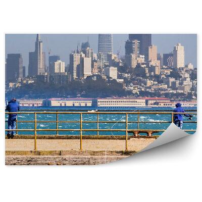 Modern fotótapéta Felhőkarcolók házak fák emberek Pier óceán