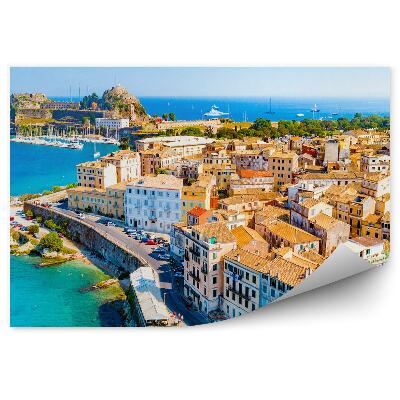 Modern fotótapéta Panoráma Korfu szigetére, épületek, jachtok, tenger, autók, égbolt
