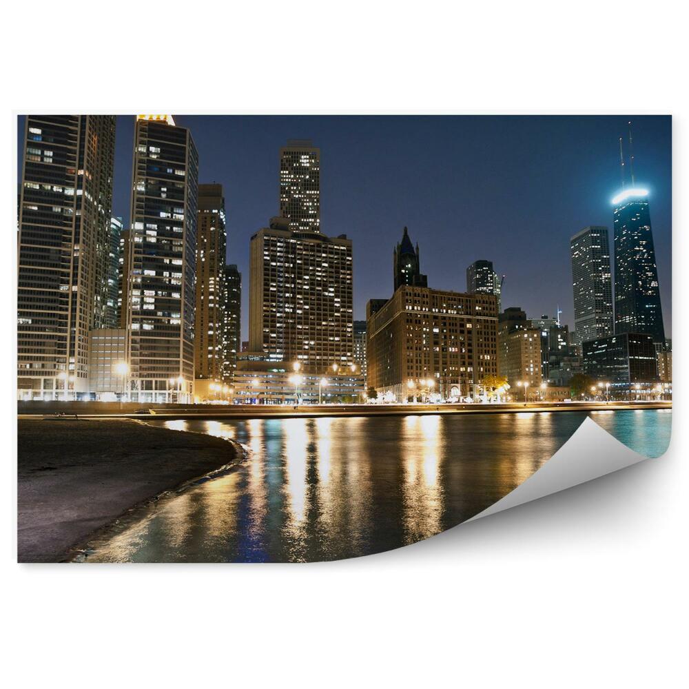 Poszter tapéta Chicago tengerparti óceán éjszakai felhőkarcolók fényei