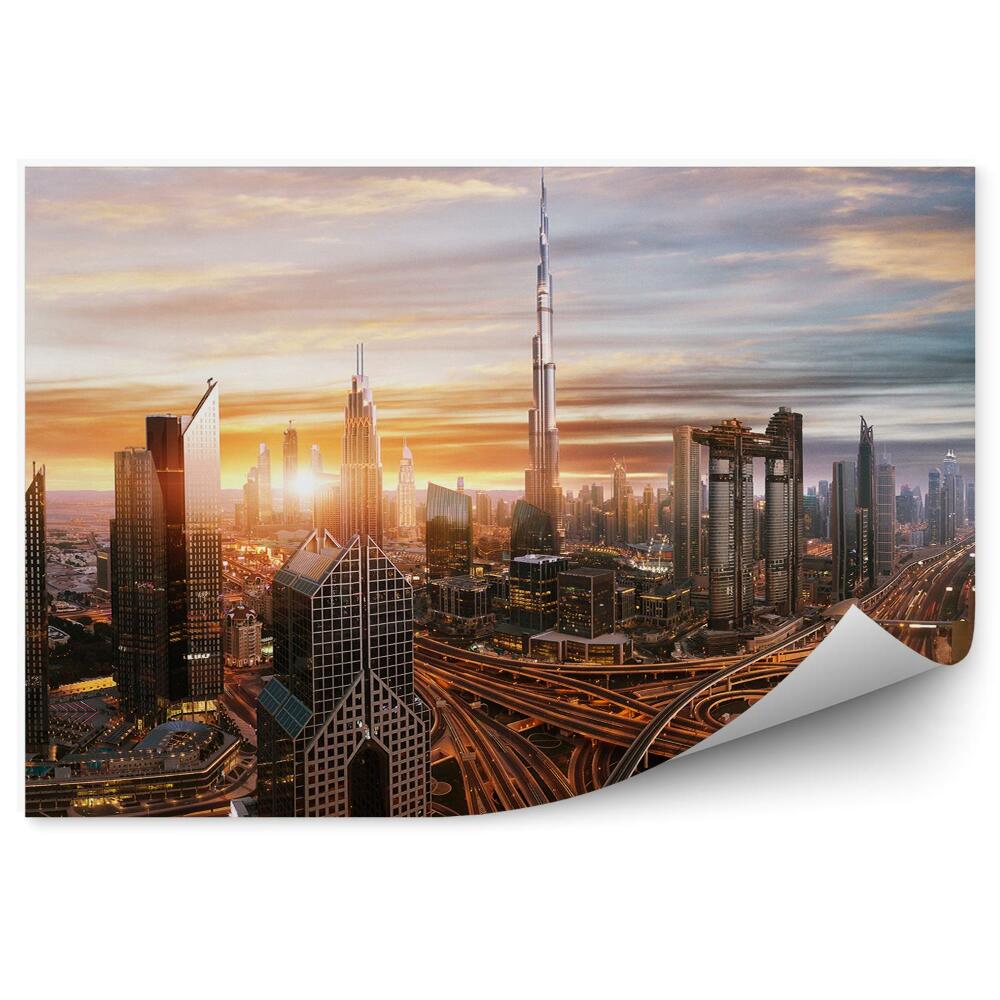 Fotótapéta Dubai felhőkarcolók épületek autópálya naplemente felhők