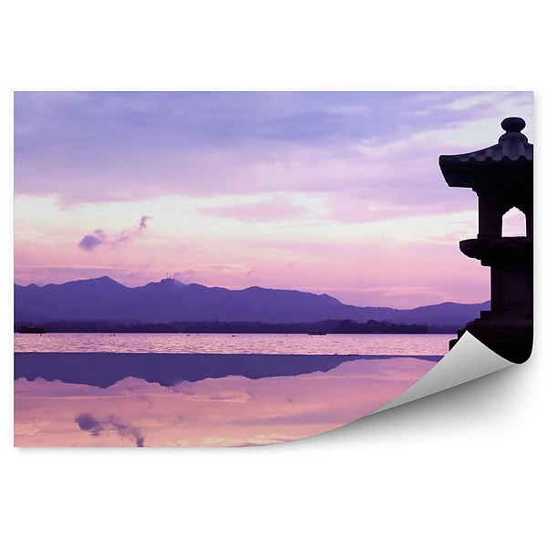 Öntapadó fotótapéta Lake China lila fény csónakok reflexió