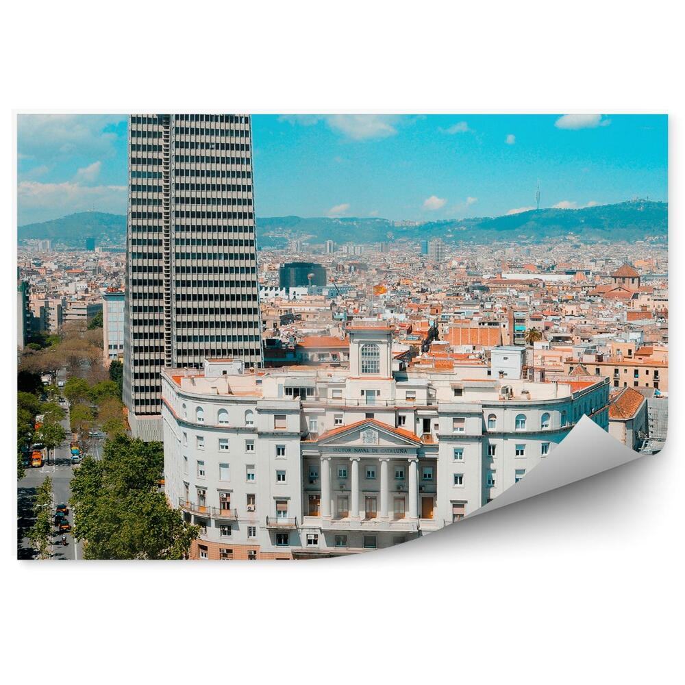 Fotótapéta épületek fák út emberek ég felhők Barcelona Spanyolország