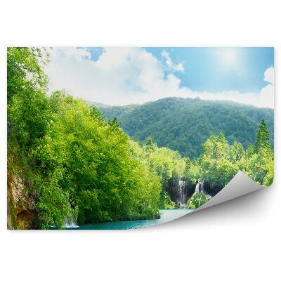 Fotótapéta hegy erdő vízesés kék víz