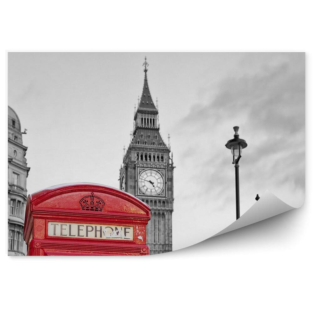 Fotótapéta Piros telefonfülke Londonban Big Bennel fekete-fehérben
