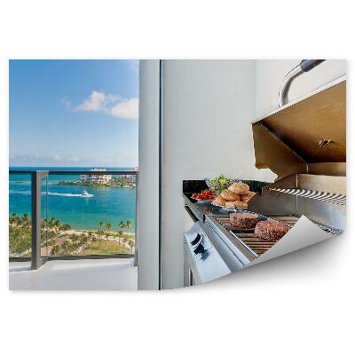 Öntapadós fotótapéta falra Étel grill terasz kilátás pálmafák óceán felhőkarcolók sikátorban