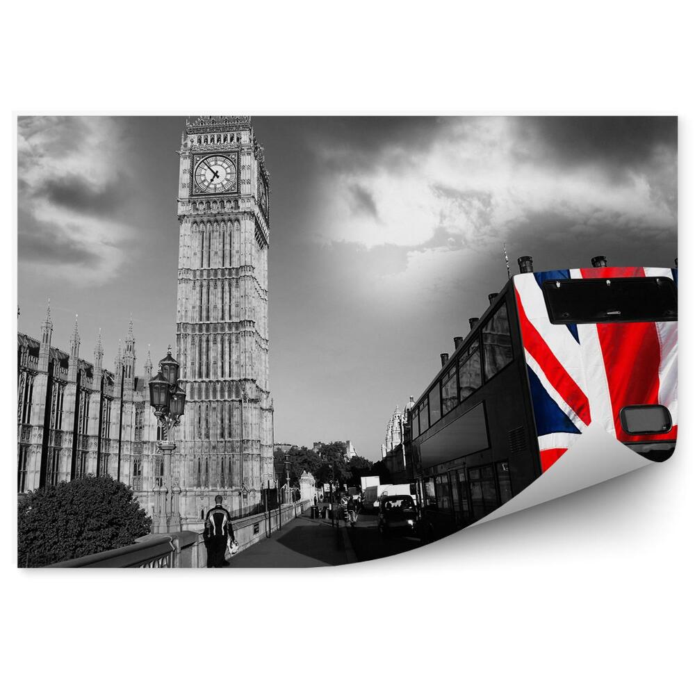 Fotótapéta Fekete-fehér fénykép londoni városi busz Big Ben zászló