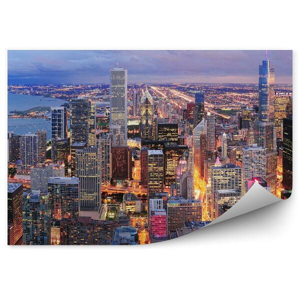 Öntapadó fotótapéta Chicago éjszakai panoráma felhőkarcolók fények óceán
