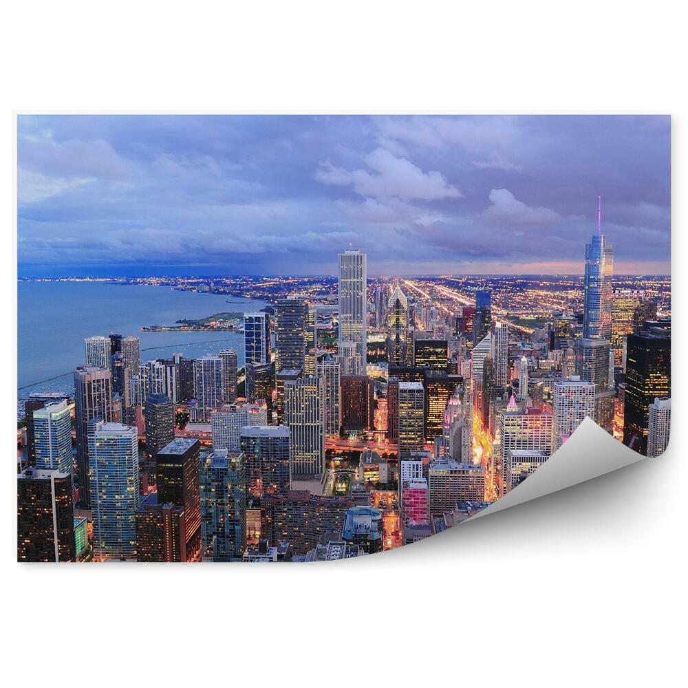 Modern fotótapéta Chicago éjszakai panoráma felhőkarcolók fények óceán ég felhők