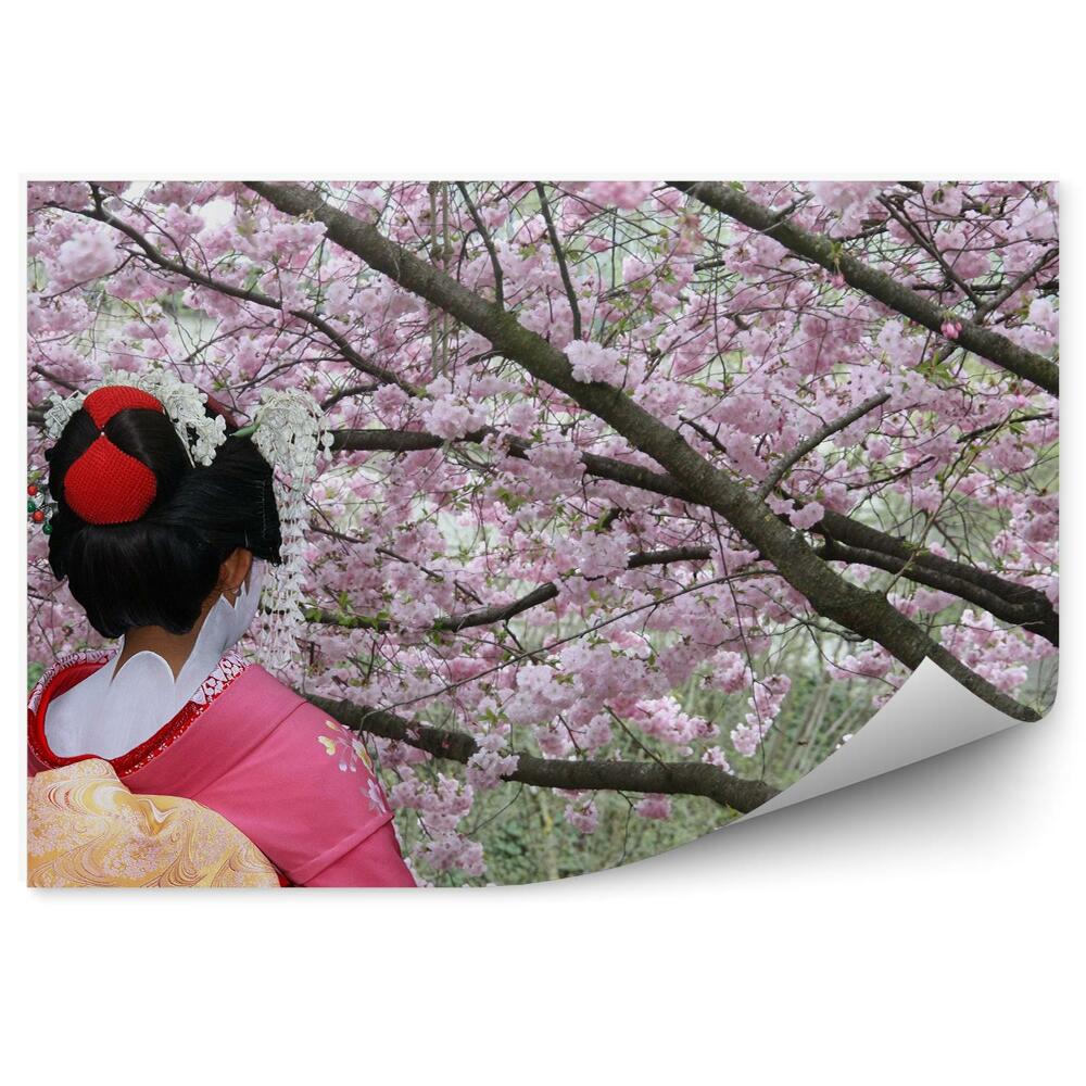 Poszter tapéta Gésa smink sakura virágok fa kimonó