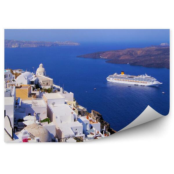 Poszter tapéta Santorini épületek hegyek jachtok Görögország