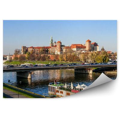 Poszter tapéta Krakkó panoráma híd autók hajó katedrális Wawel folyó Visztula fák