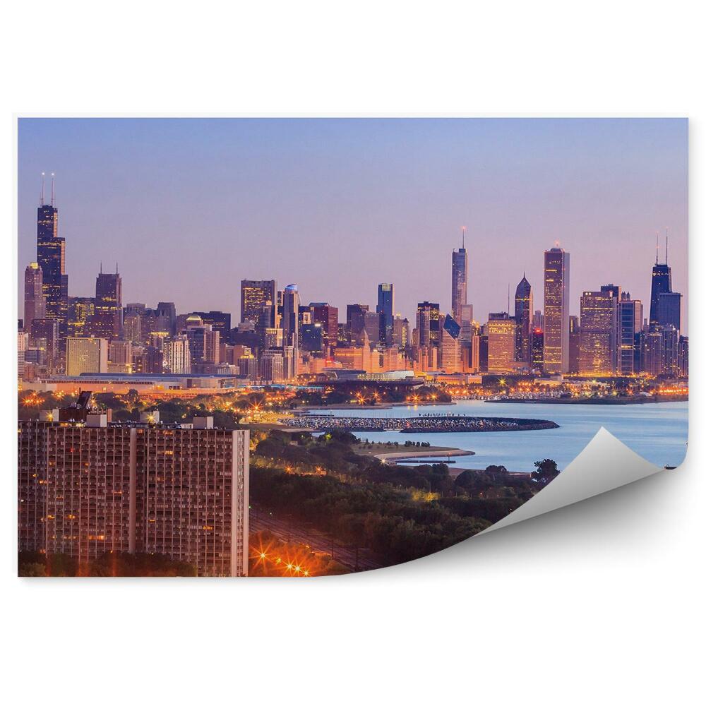 Fotótapéta légi felvétel chicago belvárosára felhőkarcolók égbolt fényei óceán