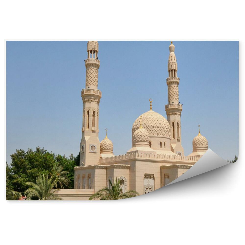 Poszter tapéta mecset Dubai pálmafák fű felhőkarcolók ég